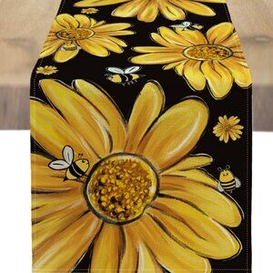 Floral Table Runner Farmhouse Cottage Decor Spring Summer Yellow Black Cloth 10'